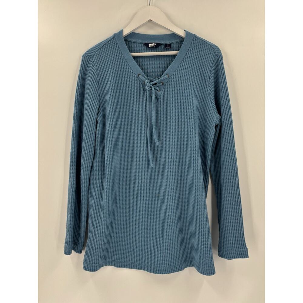 Lands' End Top Womens Large Blue Waffle Knit Pullover Laced Tie Front Stretchy